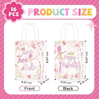 16Pcs Ballerina 2nd Birthday Party Favor Bags Pink Ballet Tutu Cute Candy Treat Gift Goodie Bags with Handles Ballerina Fairy Decorations for Girls 2 Year Old Birthday Baby Shower Party Supplies