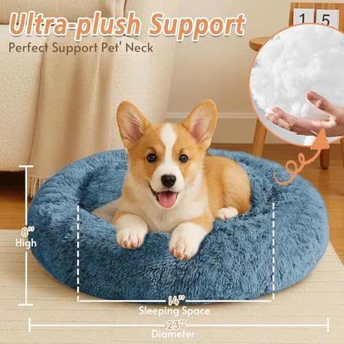 JOLLYVOGUE Calming Dog Bed for Small Dogs - 23 inches Donut Washable Small Dog Bed for Kittens & Puppies, Anti-Slip Round Fluffy Plush Faux Fur Cat Beds (Fits up to 25 lbs Pets, Blue)