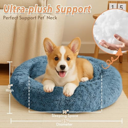 JOLLYVOGUE Calming Dog Bed for Small Dogs - 23 inches Donut Washable Small Dog Bed for Kittens & Puppies, Anti-Slip Round Fluffy Plush Faux Fur Cat Beds (Fits up to 25 lbs Pets, Blue)