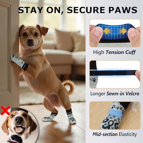 8Pcs Dog Socks for Outside - Double Side Dog Boots & Paw Protectors, Toe Grip Sock, No Twist Dogs Grippy Socks for Senior Dogs, Light Grey and Black, S