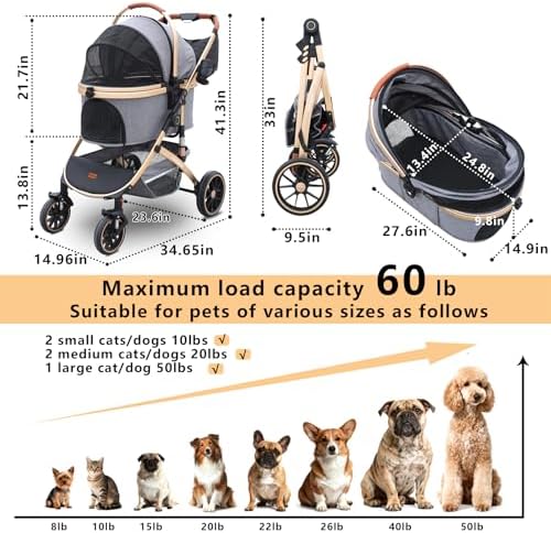 Pettingzoo Dog Stroller with Removable Carrier Foldable Pet Stroller,60 lbs