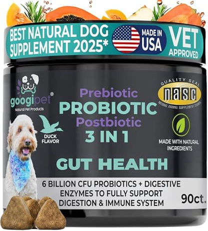 Googipet Probiotics for Dogs Digestive Health - Prebiotics and Probiotics Chews for Dog Yeast Infection Treatment + Digestive Enzymes - Dog Probiotics for Itchy Skin & Ears w/Papaya, Pumpkin, & Fiber