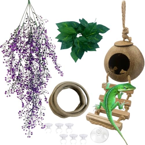 Crested Gecko Coconut Hut with Ladder,Bearded Dragon Coco Den Reptile Shell Hideout Husk Hut Climbing Plants Leaves Tank Accessories for Lizard Chameleon Snakes