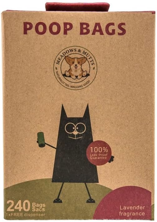 MEADOWS & MUTTS Dog Poop Bags - 240 Count Compostable Biodegradable Plant Based Pet Waste Bags | Leak Proof Extra Thick | Lavender Scented Eco-Friendly Puppy Poop Bags