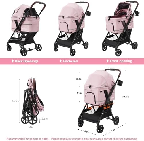 Dog Stroller with No-Zip Buckle Canopy, fits 2 Small Cats or 1 Medium pet,44 lbs Capacity One-Hand Fold,Lockable Front Wheels, Rear Brake