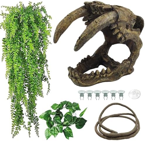 kathson Resin Sabertooth Tiger Skull Bearded Dragon Hideout Skull Reptile Jungle Climbing Vine Flexible Leaves Decor for Small Animals Leopard Gecko Lizard Chameleon Spider