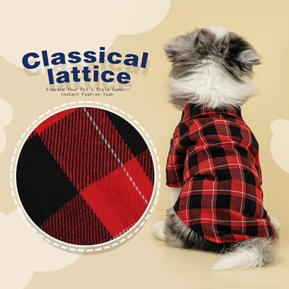 Paiaite Plaid Dog Shirt: Classic Checkered Style in Pure Cotton for Large, Medium, and Small Breeds, Comfort, Breathability, and Elegance. Perfect for Everyday Wear, and Photoshoots Red XS