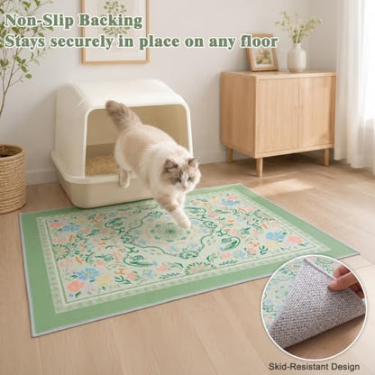 Bienbee Cat Litter Mat, 2PCS 28"x20" Machine Washable Litters Box Mats Non-Slip &Waterproof Cat Litters Trapping Mats Easy to Clean Mat for Litter Box Less Waste Protects Floors Bean Green Mandala M