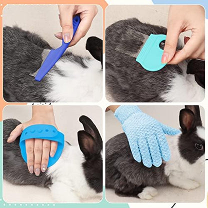 VCZONE Small Animal Grooming Set: Pet Nail Clipper & File, Flea Comb, Shampoo Brush, Shedding Slicker Brush, Massage Glove, Cleaning Comb (Blue)