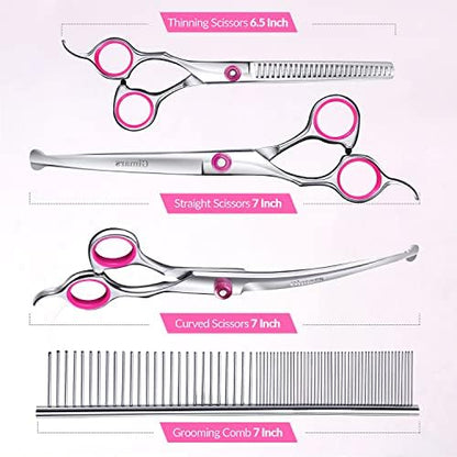 Gimars Dog Grooming Scissors Kit Professional 4CR with Safety Round Tip, 5 in 1 Heavy Duty Titanium Coated Thinning & Curved & Straight Shears