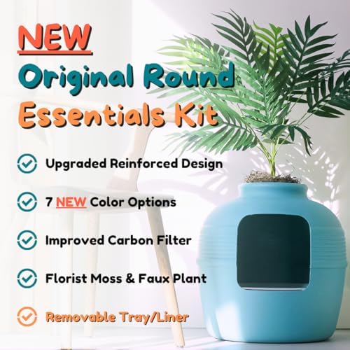 Good Pet Stuff Original Hidden Litter Box Planter, Decorative Cat Litter Enclosure with Carbon Filter, Artificial Palm Plant, Upgraded Design, Easy Clean Litter Tray, Essentials Kit, Caribbean Blue