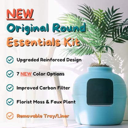 Good Pet Stuff Original Hidden Litter Box Planter, Decorative Cat Litter Enclosure with Carbon Filter, Artificial Palm Plant, Upgraded Design, Easy Clean Litter Tray, Essentials Kit, Caribbean Blue