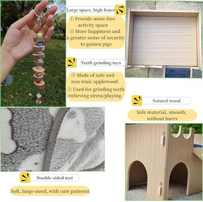 Guinea Pig Hideout, Small Animals House with | Mat Ramp | Cave | Blanket | Toy |, Wooden Detachable Castle for Guinea Pig Cages Accessories, Bed Hut Habitats for Hamster Bunny Playing Sleeping Hiding