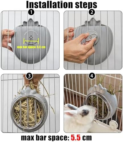 Small Animal Hay Feeder, Chew-Proof ABS Body, 304 Stainless Steel Grid Timothy Alfalfa Rack for Rabbit Bunny Guinea Pig Chinchilla Cage Hutch Crate (34oz, Orange)