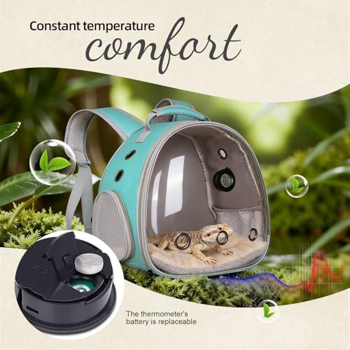 Reptile Travel Backpack Carrier with Reptile Thermometer and Humidity Gauge & Harness Leash Lizard Travel Cage Space Capsule Clear Bubble Window Astronaut Bearded Dragon Bag for Ball Python