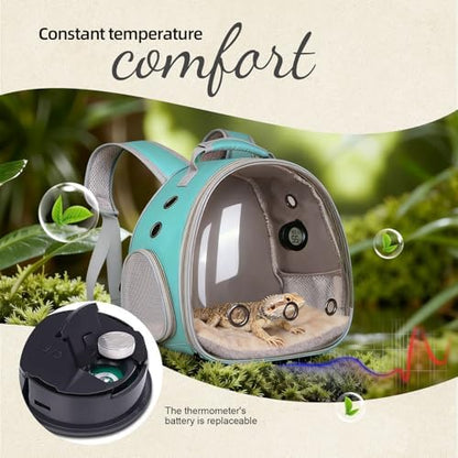 Reptile Travel Backpack Carrier with Reptile Thermometer and Humidity Gauge & Harness Leash Lizard Travel Cage Space Capsule Clear Bubble Window Astronaut Bearded Dragon Bag for Ball Python