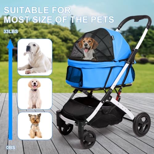 Pet Stroller for Small Dogs and Cats, 33 lb, One-Hand Fold, Blue