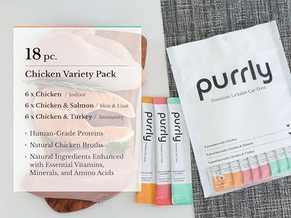 Purrly Lickable Wet Cat Treats Healthy Grain-Free Chicken Variety Pack (18 Count) Squeezable Creamy Purée with Human-Grade Protein Functional Nutrients Non-GMO No-Artificial-Additives Low-Phosphorus