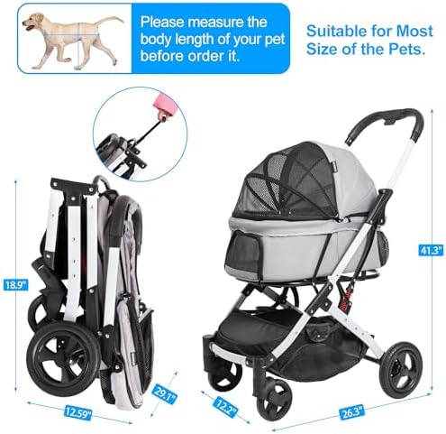 Pet Stroller for Medium Small Dog & Cat, Foldable Lightweight Dog Stroller with Storage Basket Pet Travel Carriage with Safety Leashes, 4 Wheel, Gray