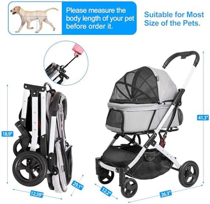 Pet Stroller for Medium Small Dog & Cat, Foldable Lightweight Dog Stroller with Storage Basket Pet Travel Carriage with Safety Leashes, 4 Wheel, Gray