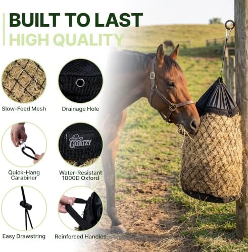 Slow Feed Hay Bag for Horses, Heavy Duty Hay Net for Horses Goats Sheep Donkey, Rigid Quick Fill Collar, 1.7 in Mesh, Waterproof 1000D Armor Bottom, Drain Holes, Stainless Steel Carabiner