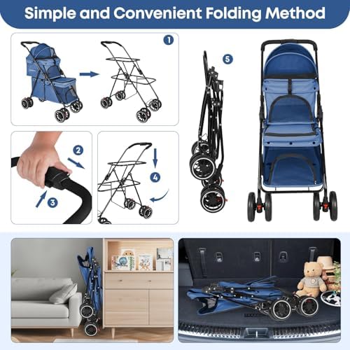 Double Pet Stroller for Dogs and Cats,Cat Strollers for 2 Cats,Navy Blue