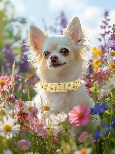 Yellow Bee Dog Collar, Cute Spring/Summer Cartoon Boy Girl Dog Collars, Adjustable Heavy Duty Male Female Dogs Collar for Small Medium Large Dogs with Metal Buckle L