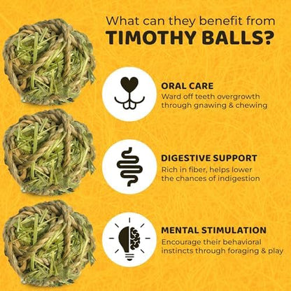 SunGrow Timothy Balls for Rabbits, Chew Toys for Oral Care & Digestion, High Fiber Hay Treats for Bunnies, Guinea Pigs & Small Pets, Teeth Trimmer & Encourage Foraging Instincts, 3 Pcs