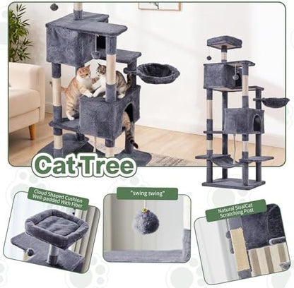Cat Tree for Indoor Cats, 66 Inches Cat Tower with Scratching Post, Multi-Level Climbing Tree Cat House Padded Plush Perch, Cat Condo Activity Center with Pompoms, Kittens Pet Play House, Dark Gray