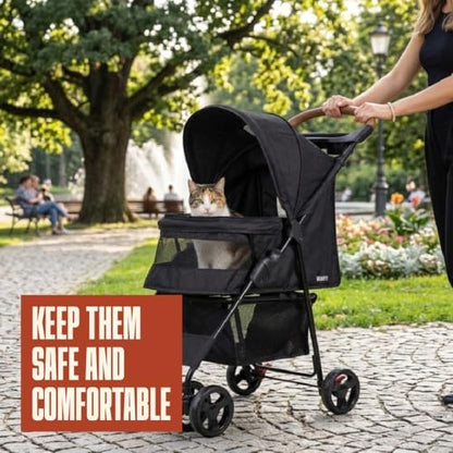 Pet Stroller for Small Dogs & Cats, Foldable Pet Stroller with Breathable Mesh, Storage Basket & Cup Holder, Lightweight 4-Wheel Dog Stroller, Portable Travel Pet Carrier (Up to 35 lbs)
