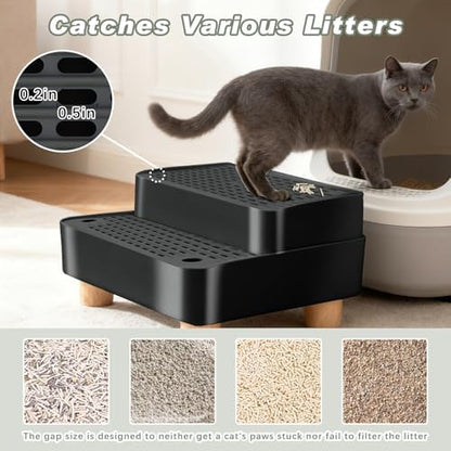 Adjustable Cat Ramp for Litter Box, 2-Step Litter Trapper, Black