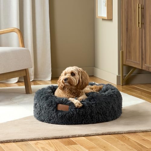 Town & Country Luxe CuddleTown Fuzzy Solid Donut Pet Bed, Soft, Cozy & Calming, Non-Slip Bottom, 100% Machine Washable, Brown, Small 24"x24"x7" Round