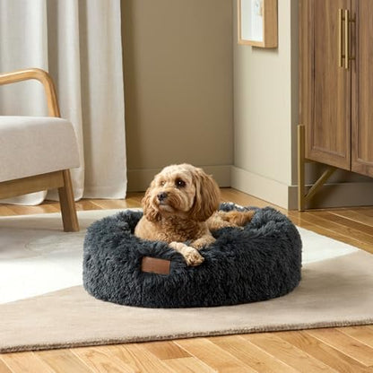 Town & Country Luxe CuddleTown Fuzzy Solid Donut Pet Bed, Soft, Cozy & Calming, Non-Slip Bottom, 100% Machine Washable, Brown, Small 24"x24"x7" Round