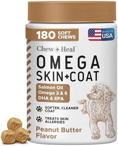 Omega 3 Fish Oil for Dogs, Peanut Butter - 180 Soft Chews for Skin and Coat