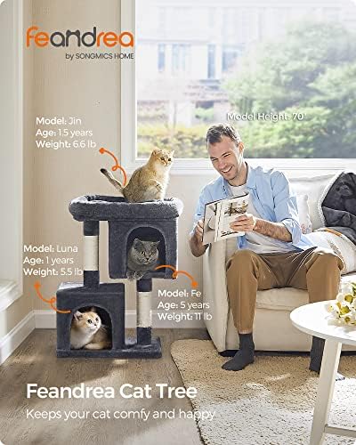 Feandrea Cat Tree, 29.1-Inch Small Cat Tower, Cute Plush Condo, Smoky Gray