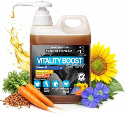 Equine & Horse Oil Supplement 3 Natural Oils Flaxseed Sunflower Carrot Omega 3 6 9 Vitamin E Silky Coat & Hoof Digestion Facilitator Joint Health Cardiovascular System Benefits-Pump Included