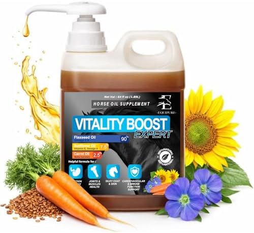 Equine & Horse Oil Supplement 3 Natural Oils Flaxseed Sunflower Carrot Omega 3 6 9 Vitamin E Silky Coat & Hoof Digestion Facilitator Joint Health Cardiovascular System Benefits-Pump Included