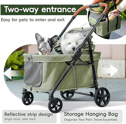 Foldable Pet Stroller Small Dogs Cats Up to 70 lb All-Terrain, Green