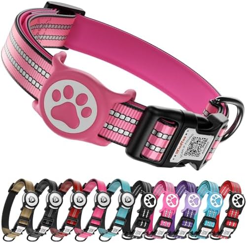 Waterproof AirTag Dog Collar with QR Code Dog Tag, Rose Red02 L