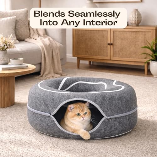 Peekaboo Cat Cave Donut - Cat Tunnel Bed for Indoor Cats – Cute Patterns Hideaway for Multiple & Large Cats, Scratch-Resistant (Dark Gray)