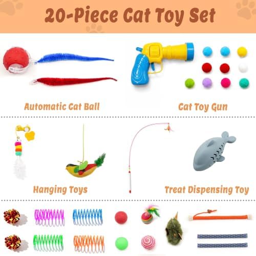 21 Pcs Interactive Cat Toys for Indoor Cats, Cat Puzzle Box with Rechargeable Automatic Ball, Hanging Toy, Plush Mice and Balls 3-in-1 Kitten Toys for Indoor Bored Kittens
