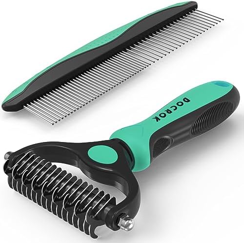 Docrok Pet Grooming Brush and Metal Comb Combo for Dogs & Cats, Green