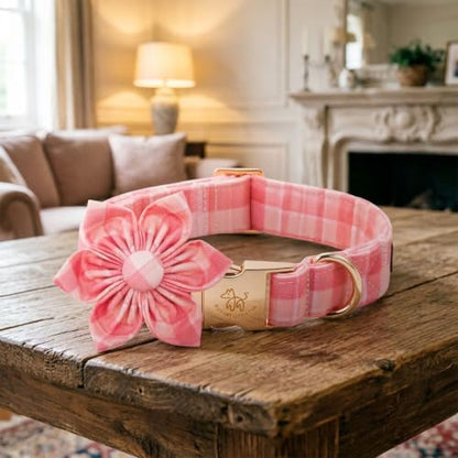 Elegant little tail Dog Collar with Flower, Pink Gingham Flower Girl Pet Collars for Female Dogs Plaid Pet Adjustable Puppy Collars with Flowers for Small Medium Large Dogs