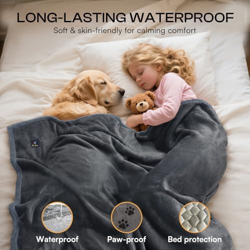 Luciphia Waterproof Bed Blanket Washable,Soft Sherpa Fleece Puppy Reversible Throw Blankets for Small Medium Dog Cat,Furniture Cover Protector Couch Bed from Liquid Pee and Pet Fur, Grey,57" x 40"