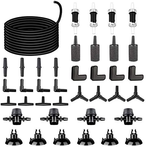 26.6 Feet Black Aquarium Soft Airline Tubing Hose Standard with 4 Air Stones,4 air Value Controller,4 Check Valves, 6 Suction Cups and 16 in Total for I,L,T,Y Shape Connectors