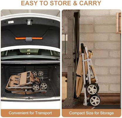 Double Pet Stroller for 2 Small Dogs & Cats, Side-by-Side Twin Travel Carriage with Safety Leashes, Mesh Windows & Double Storage Baskets, Lightweight & Foldable, 44lbs Capacity, Khaki