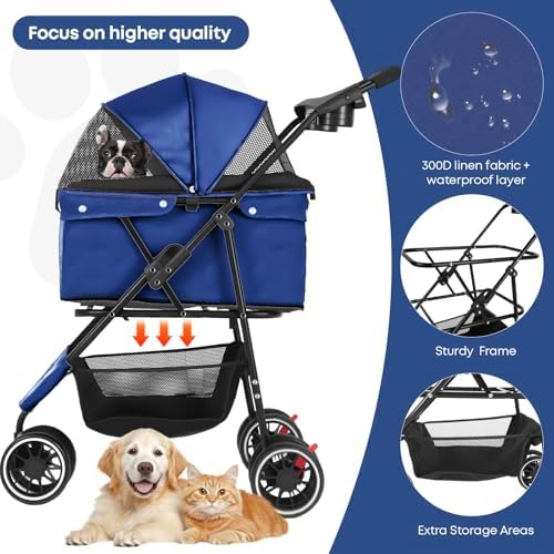 Pet Stroller,Dog Stroller for Small Medium Dogs Cats,3 Wheels,Navy Blue