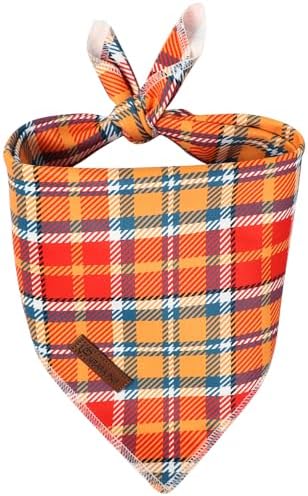 Fall Dog Bandana – Orange Yellow Plaid Triangle Scarf for Small Medium Large Dogs, Soft Cotton Pet Bib for Autumn Thanksgiving, Adjustable Dog Kerchief for Daily Fall Wear
