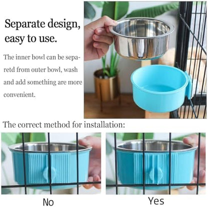 kathson Crate Dog Bowl, Removable Stainless Steel Hanging Pet Cage Bowl Food & Water Feeder Coop Cup for Cat, Puppy, Birds, Rats, Guinea Pigs (6 PCS, Size: L, 2×Blue,2×Green,2×Pink) (Pack of 2)