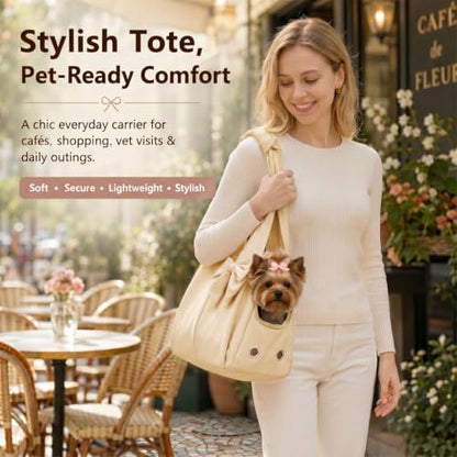 Fashion Dog Purse Carrier for Small Dogs, Soft-Sided Dog Bag Carrier with 4 Large Pockets, No Collapse, Lightweight, Smart Zipper Lock, Comfortable Puppy Cats Rabbit Carrier for Travel,Outdoor(Beige)